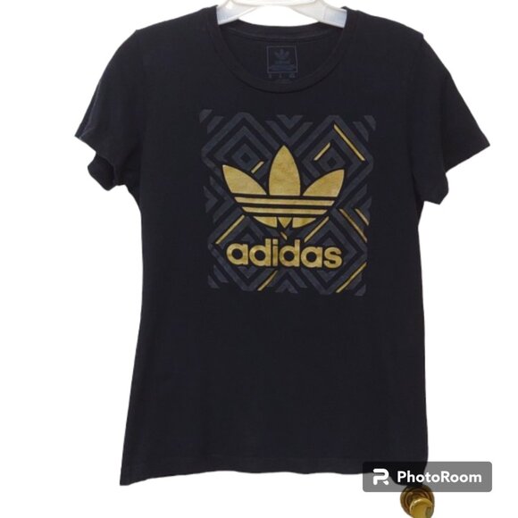 adidas Tops - Adidas Women's Black SS Graphic Tee Grey & Gold Shimmer Adidas SpellOut Trefoil